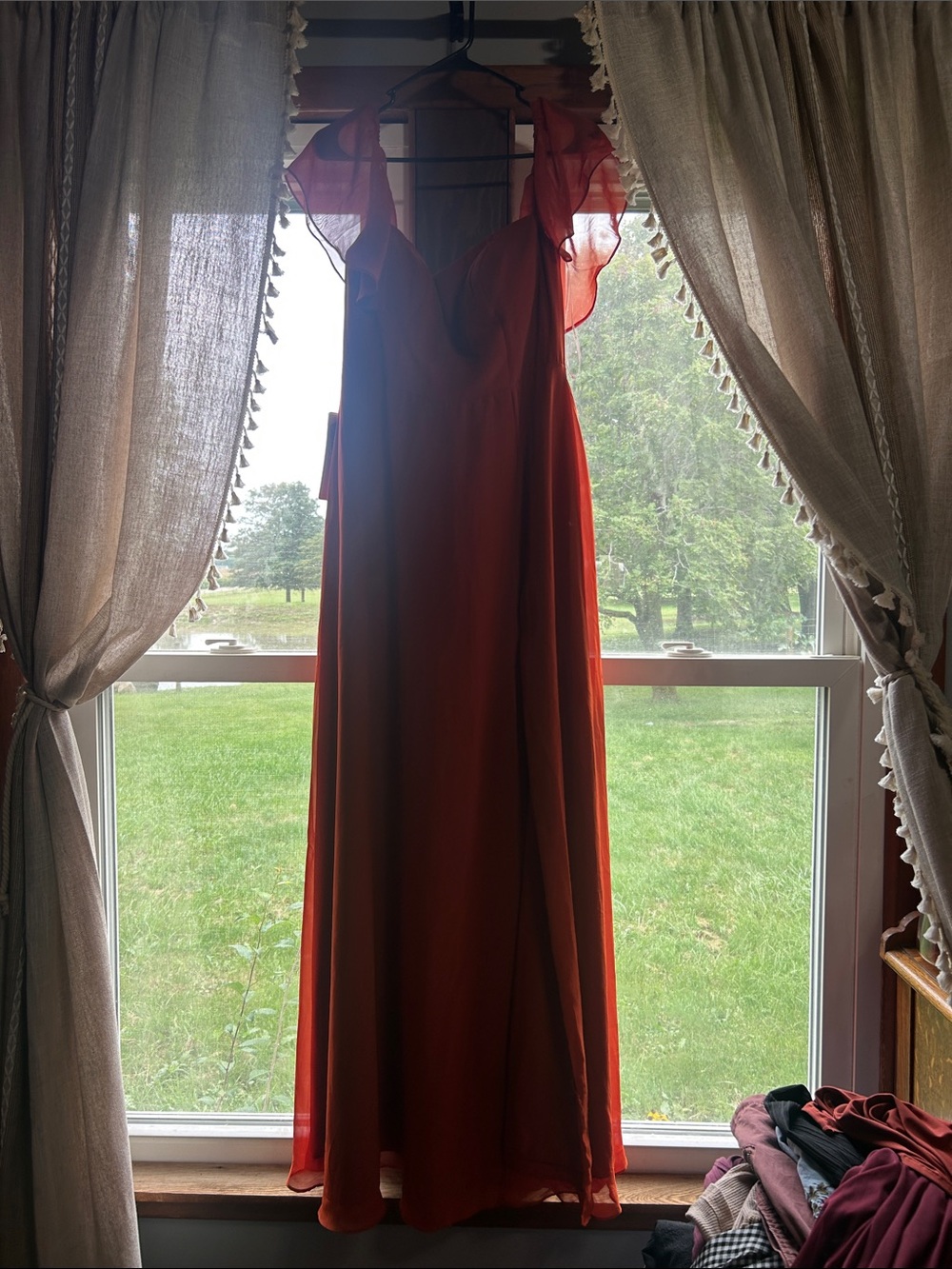 Azazie Burnt Orange Ruffle-Sleeve Maxi Dress